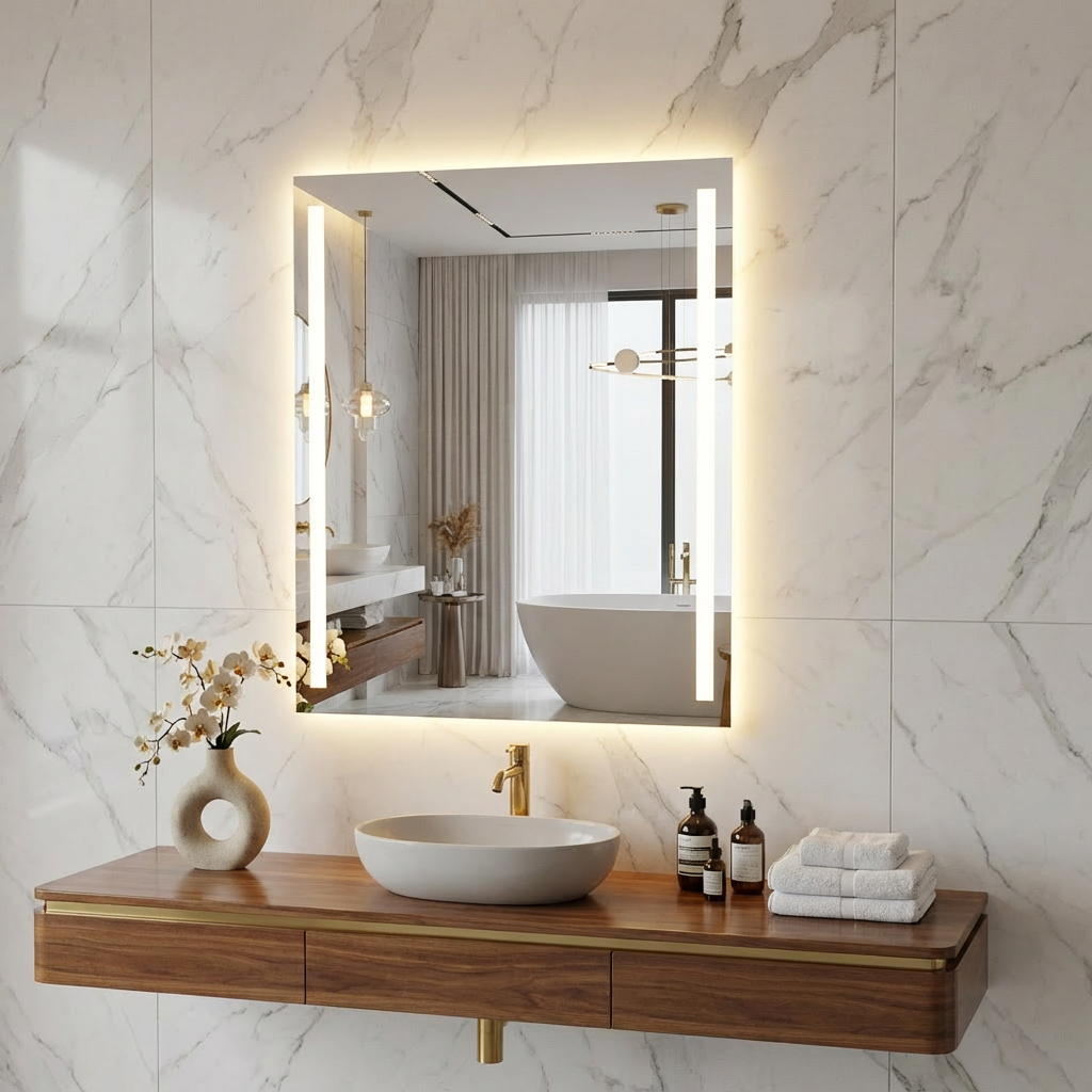 Modern Strip LED Ayna – Dikey Işıklı Minimal Tasarım Duvar Aynası