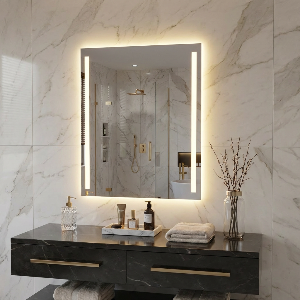 Modern Strip LED Ayna – Dikey Işıklı Minimal Tasarım Duvar Aynası