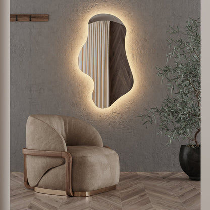 Asimetrik LED Ayna | Modern Organik Şekilli Işıklı Duvar ve Banyo Aynası – Dekoratif Tasarım