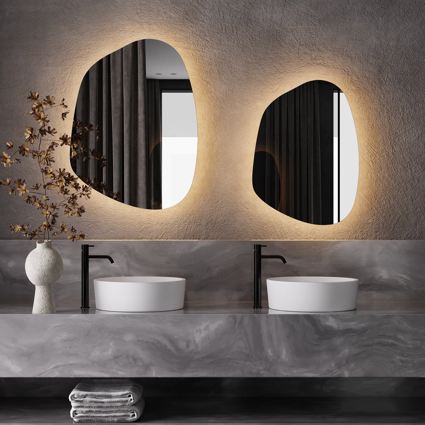 Organik Şekilli LED Ayna – Modern Asimetrik Duvar Aynası, Banyo & Yatak Odası İçin Dekoratif Işıklı Ayna