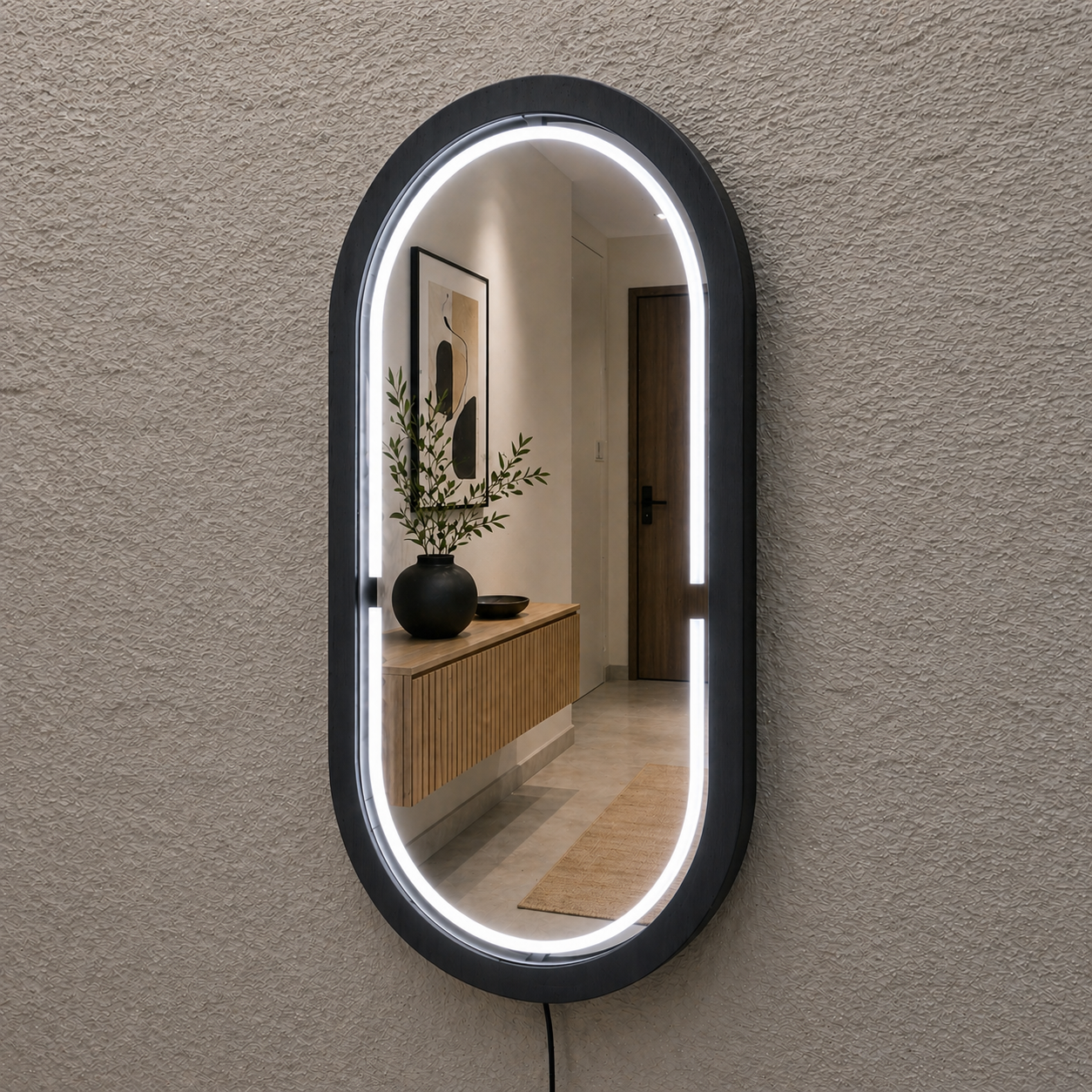 Kayın Ahşap Çerçeveli LED’li Oval Ayna – Dimmer Işıklı Dekoratif Duvar Aynası, Banyo Makyaj Salon Aynası