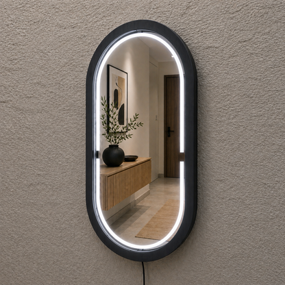 Kayın Ahşap Çerçeveli LED’li Oval Ayna – Dimmer Işıklı Dekoratif Duvar Aynası, Banyo Makyaj Salon Aynası