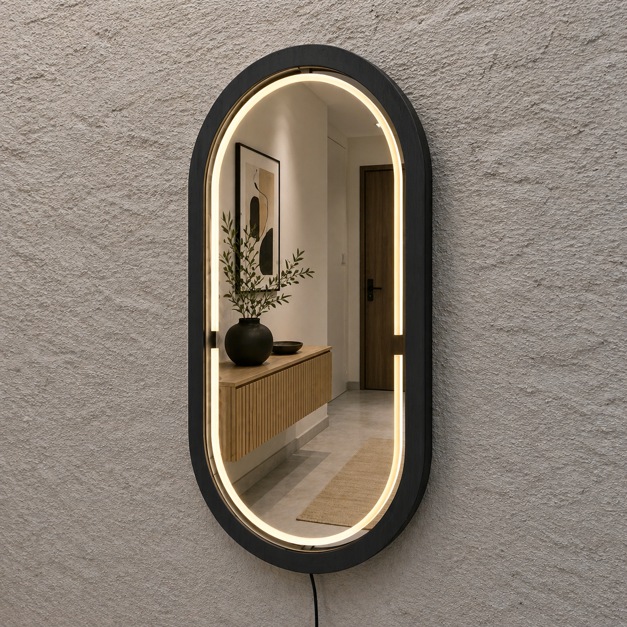 Kayın Ahşap Çerçeveli LED’li Oval Ayna – Dimmer Işıklı Dekoratif Duvar Aynası, Banyo Makyaj Salon Aynası