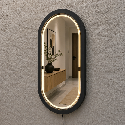 Kayın Ahşap Çerçeveli LED’li Oval Ayna – Dimmer Işıklı Dekoratif Duvar Aynası, Banyo Makyaj Salon Aynası