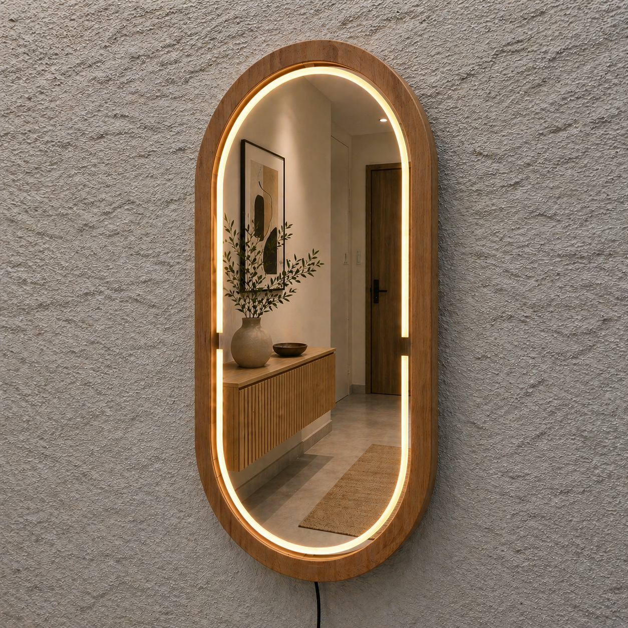 Kayın Ahşap Çerçeveli LED’li Oval Ayna – Dimmer Işıklı Dekoratif Duvar Aynası, Banyo Makyaj Salon Aynası