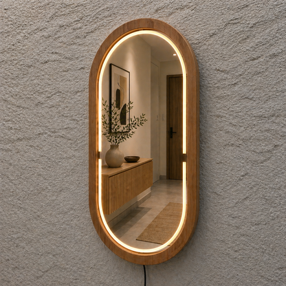 Kayın Ahşap Çerçeveli LED’li Oval Ayna – Dimmer Işıklı Dekoratif Duvar Aynası, Banyo Makyaj Salon Aynası