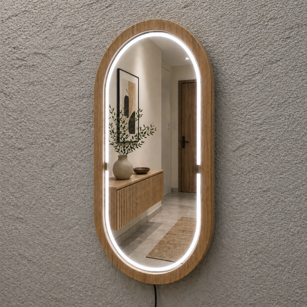 Kayın Ahşap Çerçeveli LED’li Oval Ayna – Dimmer Işıklı Dekoratif Duvar Aynası, Banyo Makyaj Salon Aynası