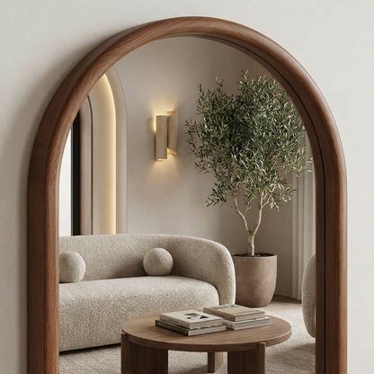 Kemerli Boy Aynası – Doğal Kayın Ahşap Çerçeveli Tam Boy Ayna, Modern Ev Dekorasyonu