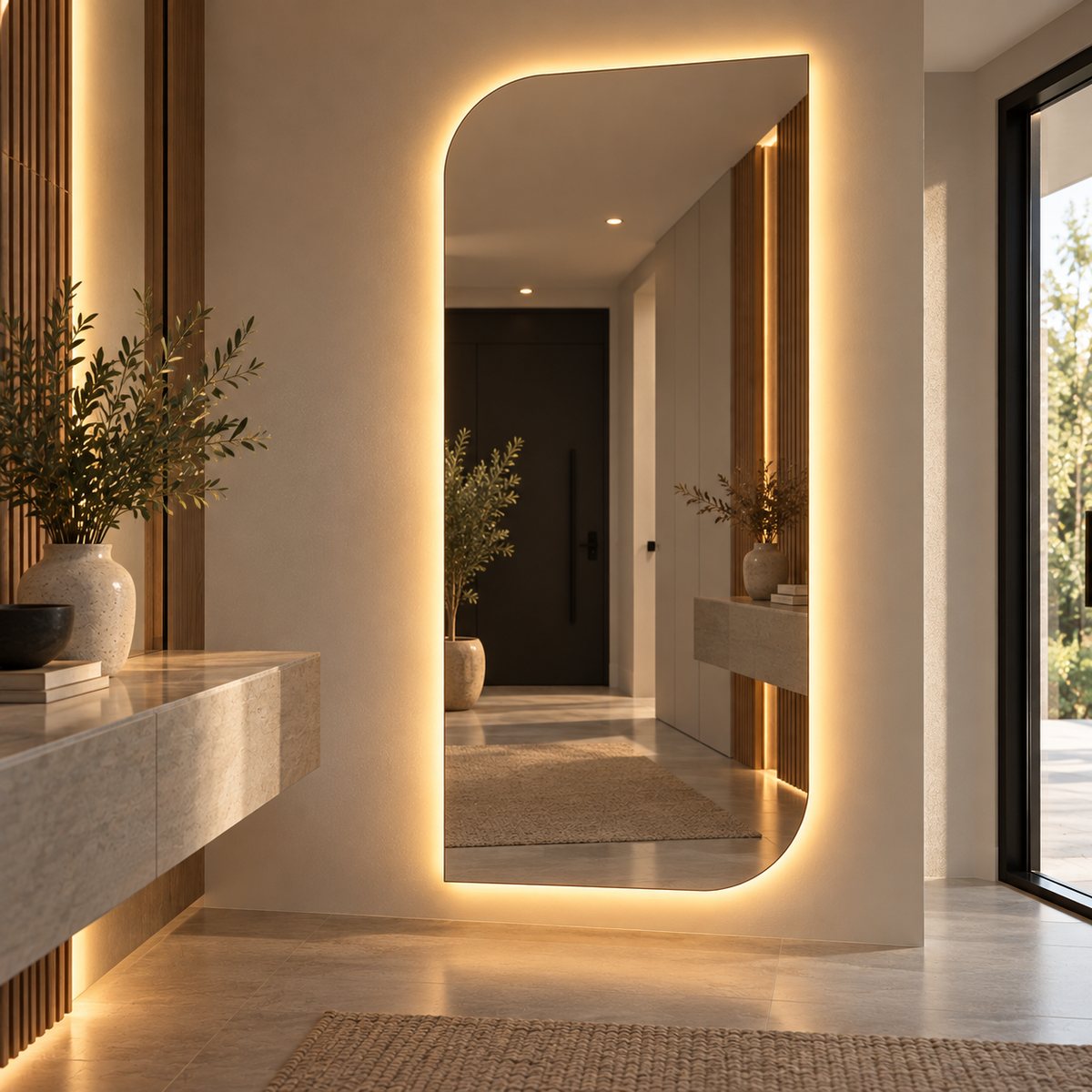 Asimetrik LED Işıklı Boy Aynası – Çerçevesiz Dekoratif Duvar Aynası