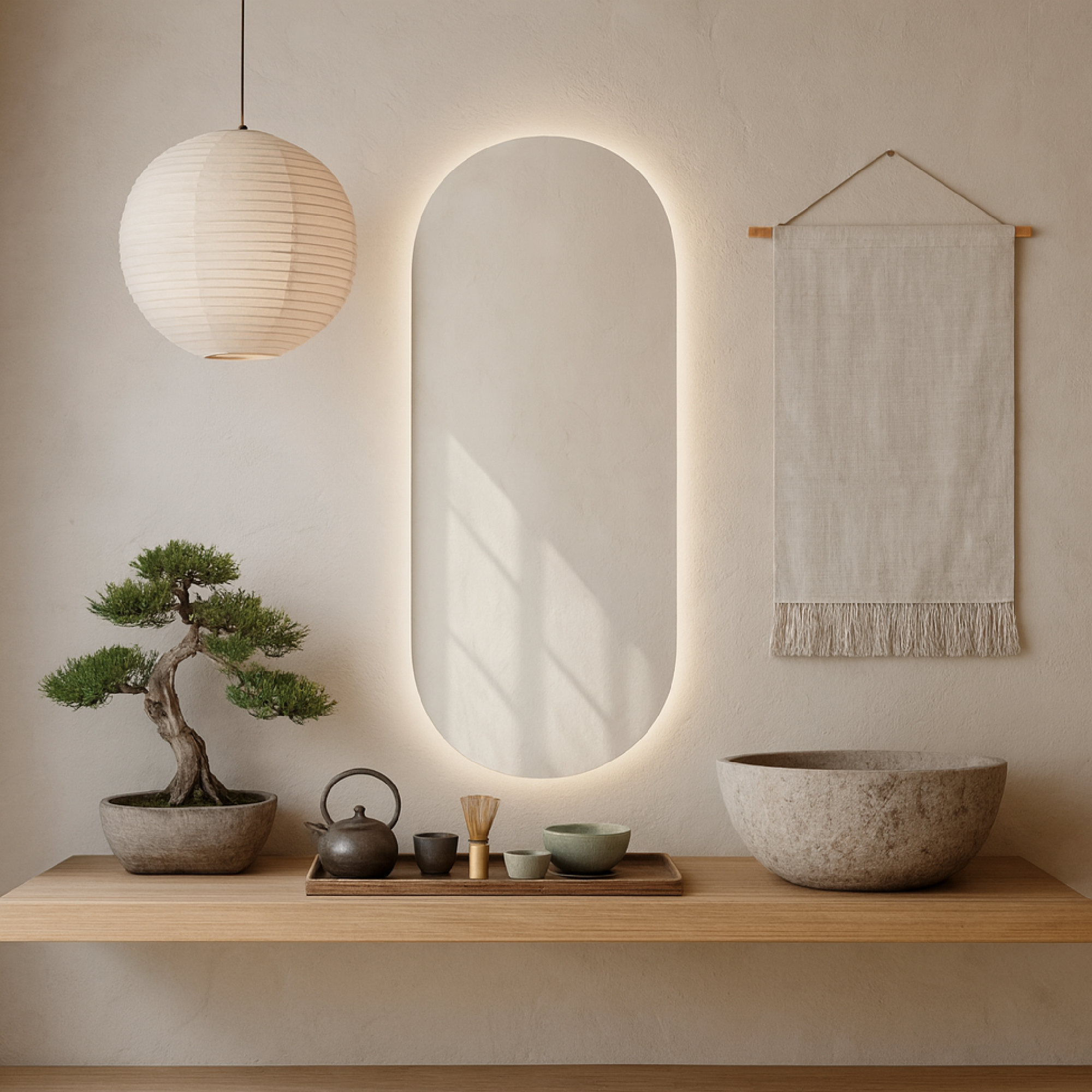 Ark LED Ayna – Modern Banyo LED Ayna, Oval Işıklı Dekoratif Duvar Aynası, Şerit LED’li Şık Banyo Aynası
