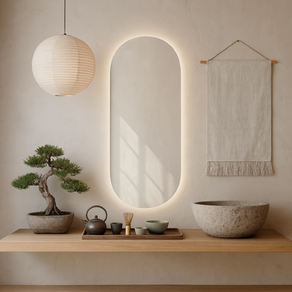 Ark LED Ayna – Modern Banyo LED Ayna, Oval Işıklı Dekoratif Duvar Aynası, Şerit LED’li Şık Banyo Aynası