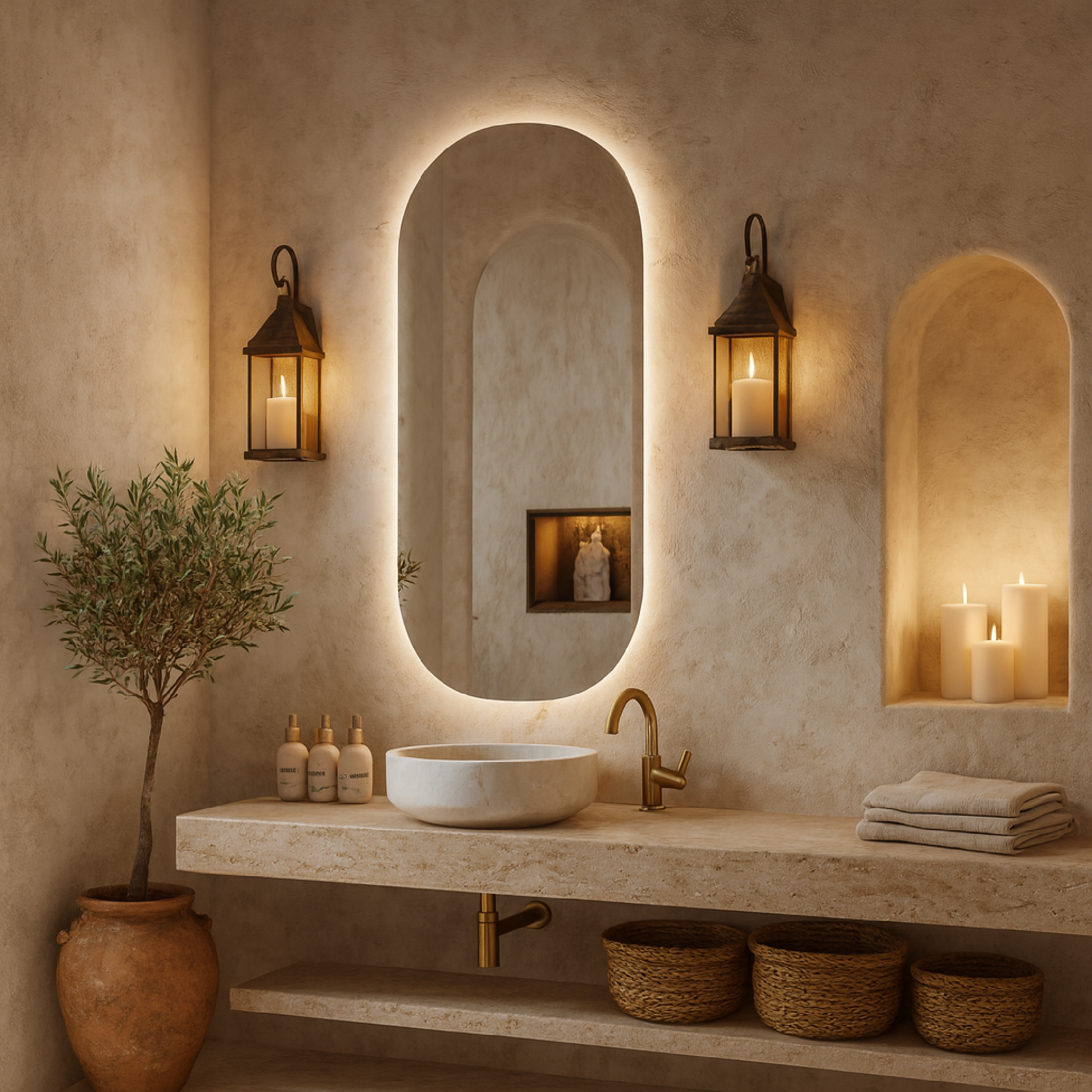 Ark LED Ayna – Modern Banyo LED Ayna, Oval Işıklı Dekoratif Duvar Aynası, Şerit LED’li Şık Banyo Aynası