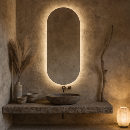 Ark LED Ayna – Modern Banyo LED Ayna, Oval Işıklı Dekoratif Duvar Aynası, Şerit LED’li Şık Banyo Aynası