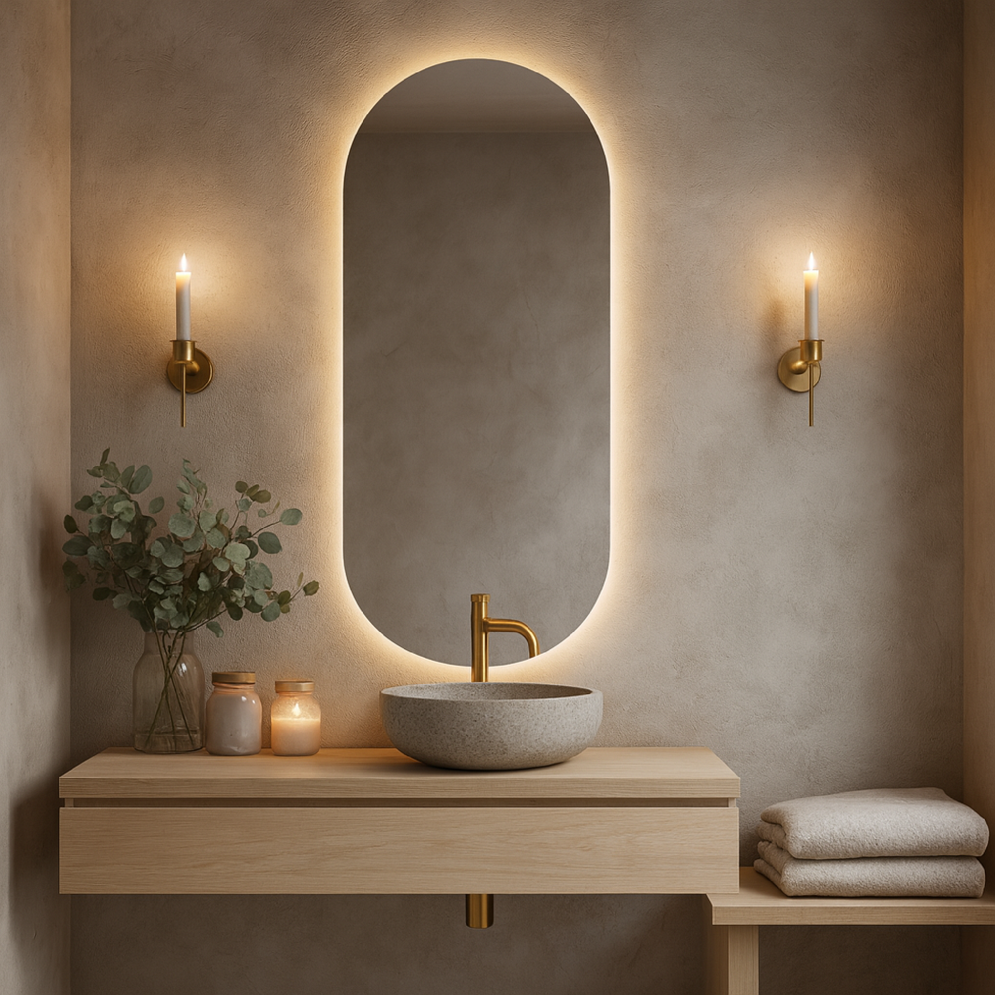 Ark LED Ayna – Modern Banyo LED Ayna, Oval Işıklı Dekoratif Duvar Aynası, Şerit LED’li Şık Banyo Aynası