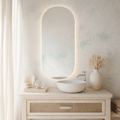 Ark LED Ayna – Modern Banyo LED Ayna, Oval Işıklı Dekoratif Duvar Aynası, Şerit LED’li Şık Banyo Aynası
