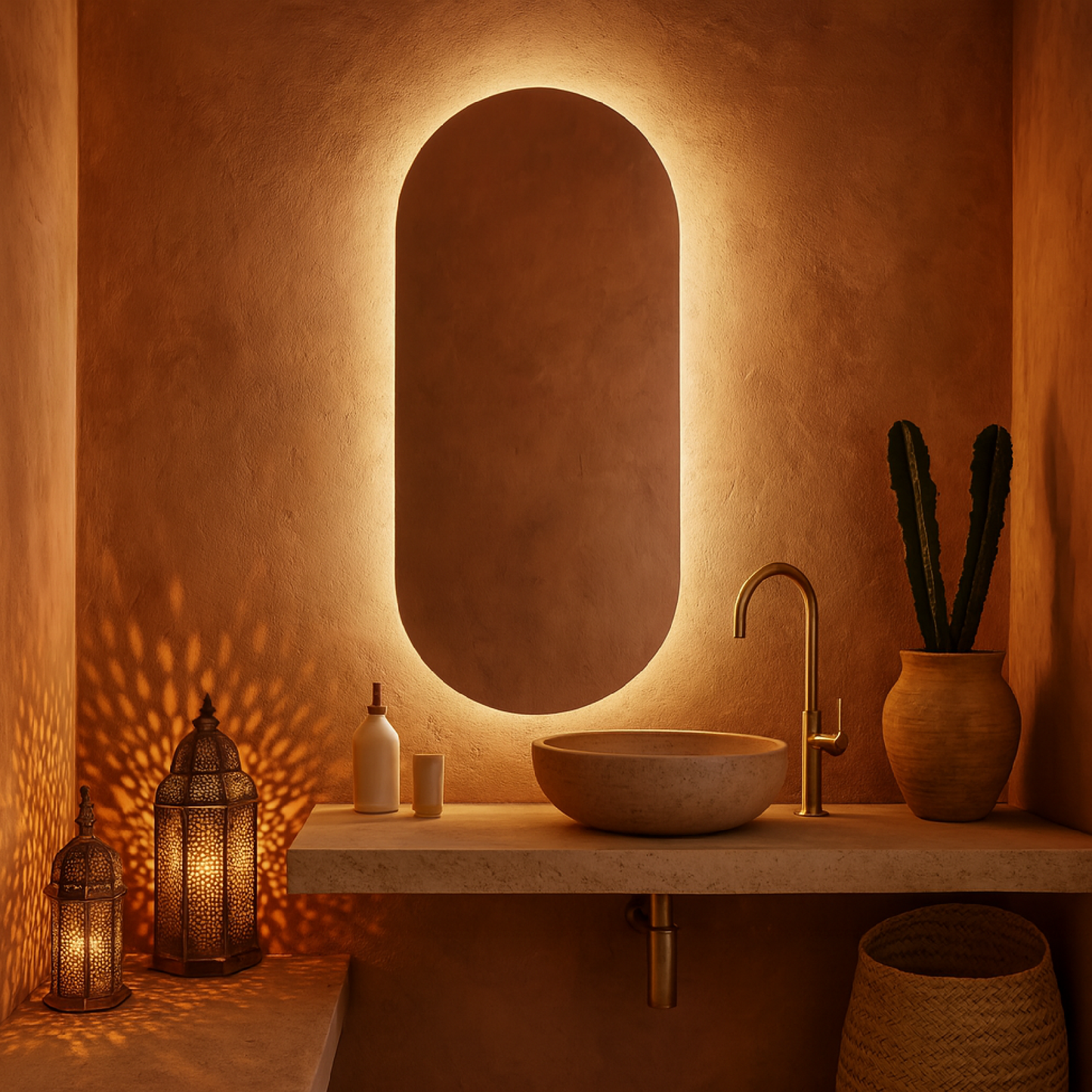 Ark LED Ayna – Modern Banyo LED Ayna, Oval Işıklı Dekoratif Duvar Aynası, Şerit LED’li Şık Banyo Aynası