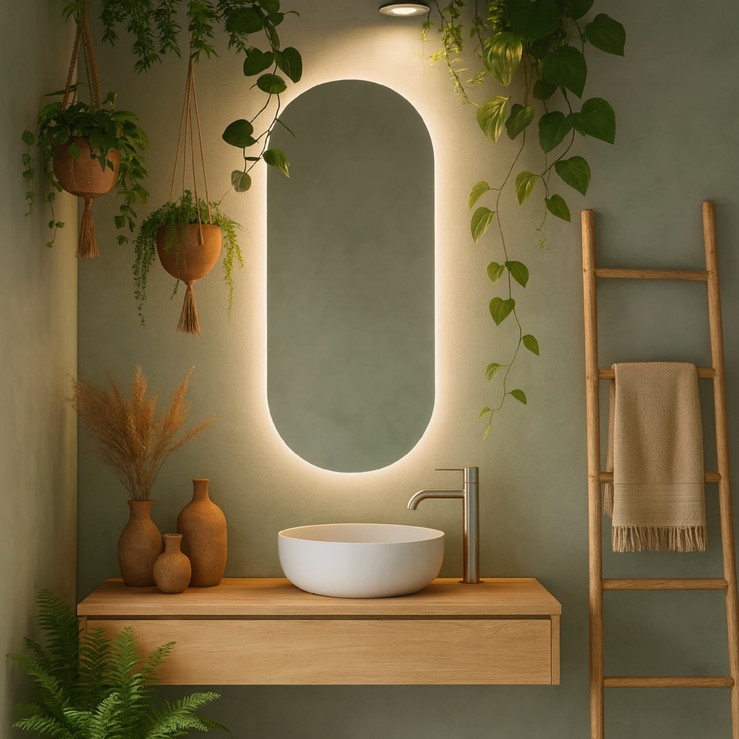 Ark LED Ayna – Modern Banyo LED Ayna, Oval Işıklı Dekoratif Duvar Aynası, Şerit LED’li Şık Banyo Aynası