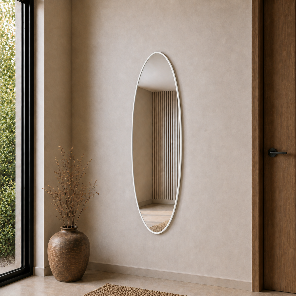 Modern Oval Boy Aynası 40x120 cm – İnce Çerçeveli Minimalist Dekoratif Duvar Aynası 2026 Trend