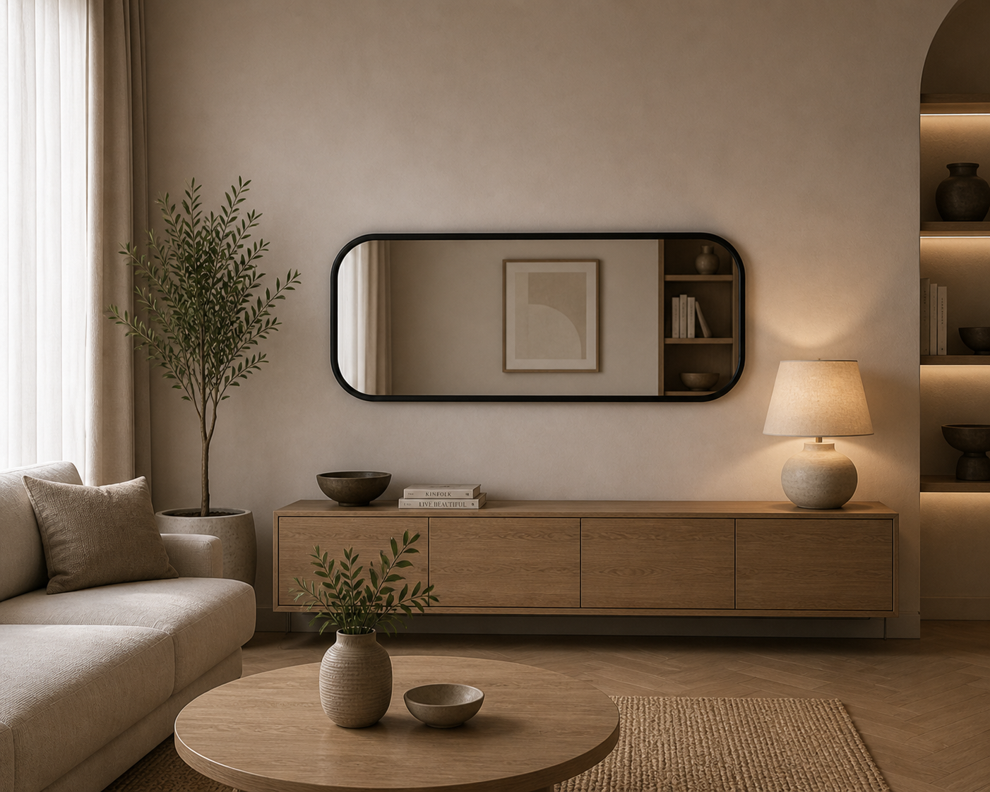Modern Yuvarlatılmış Köşeli Boy Aynası 40x120 cm – Minimalist İnce Çerçeveli Dekoratif Duvar Aynası