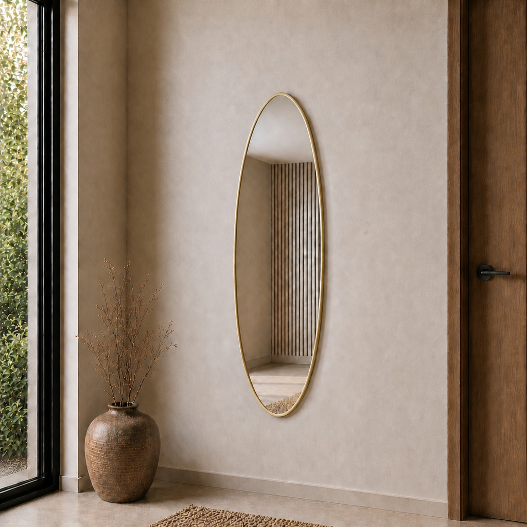 Modern Oval Boy Aynası 40x120 cm – İnce Çerçeveli Minimalist Dekoratif Duvar Aynası 2026 Trend