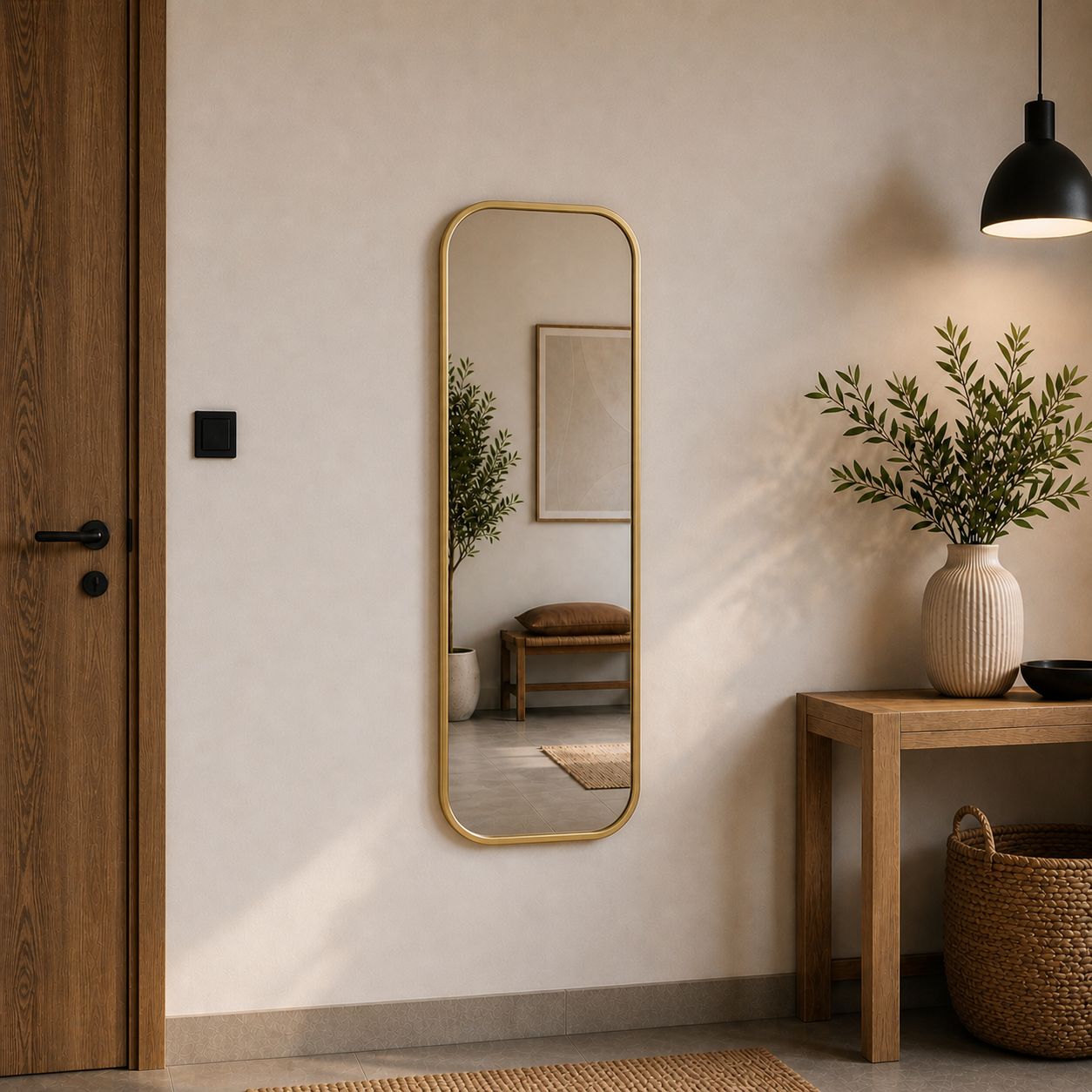 Modern Yuvarlatılmış Köşeli Boy Aynası 40x120 cm – Minimalist İnce Çerçeveli Dekoratif Duvar Aynası