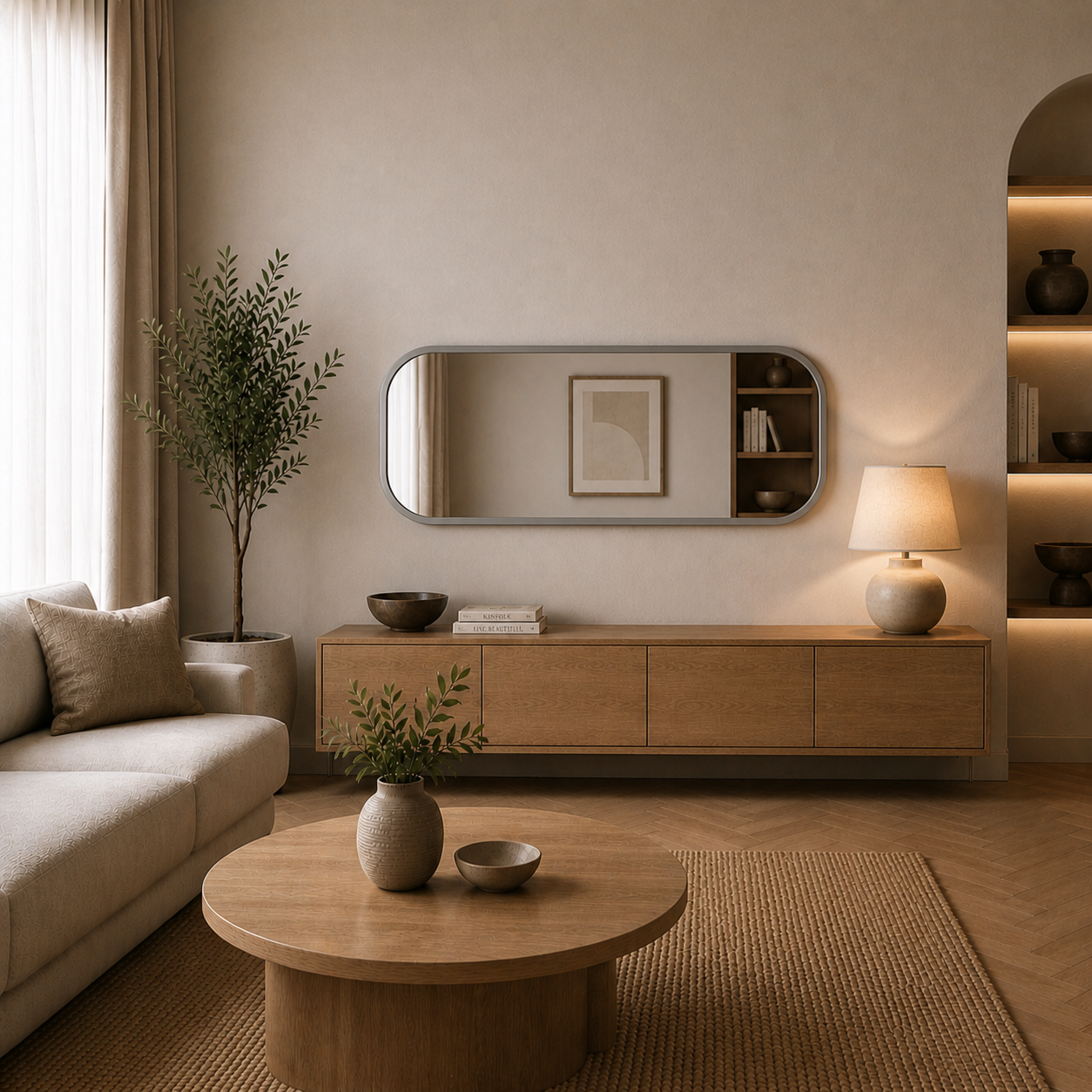 Modern Yuvarlatılmış Köşeli Boy Aynası 40x120 cm – Minimalist İnce Çerçeveli Dekoratif Duvar Aynası
