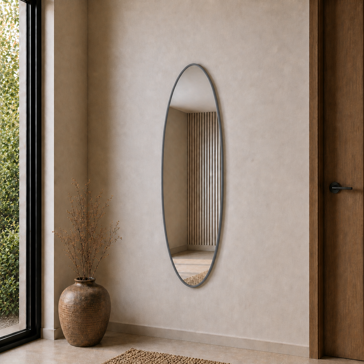 Modern Oval Boy Aynası 40x120 cm – İnce Çerçeveli Minimalist Dekoratif Duvar Aynası 2026 Trend