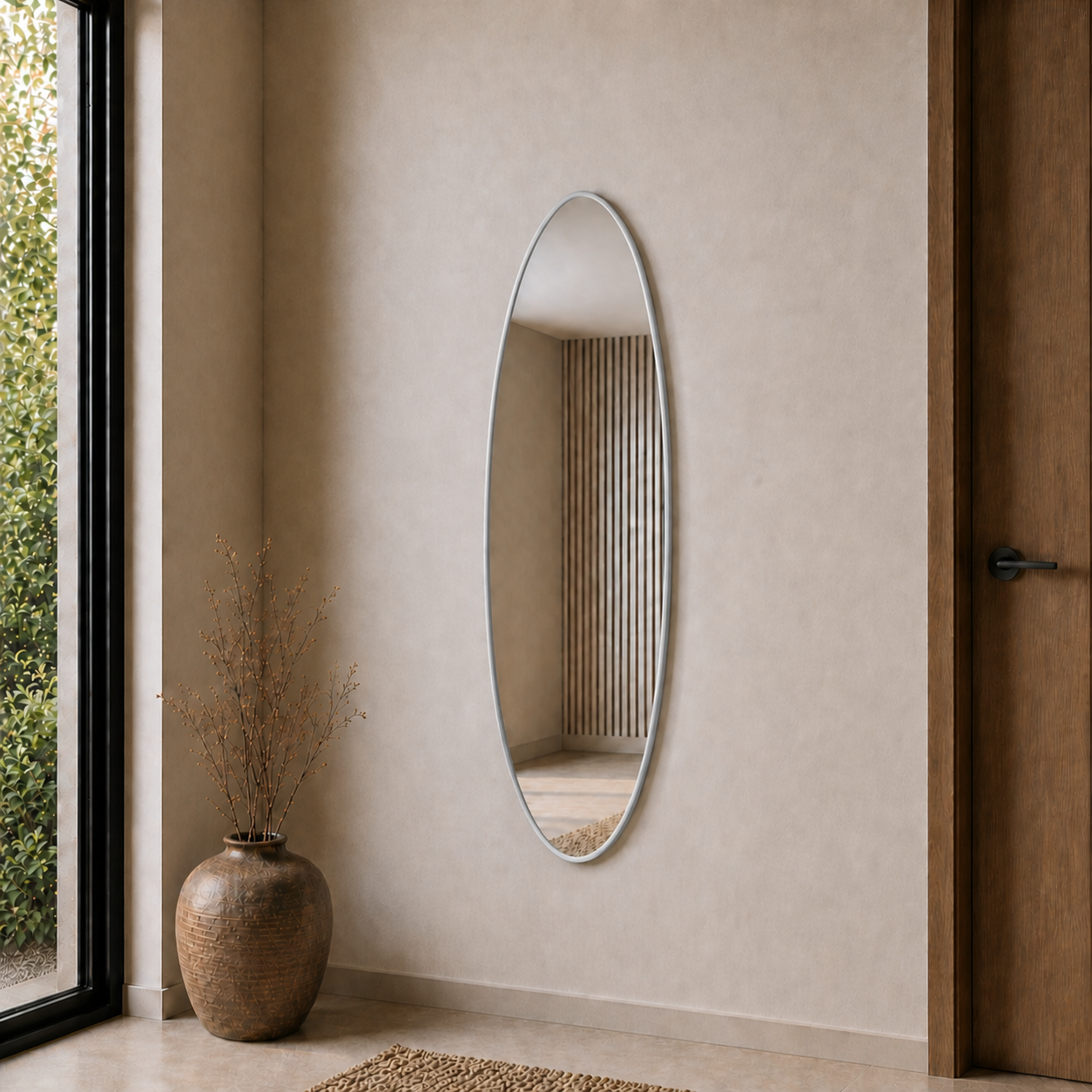 Modern Oval Boy Aynası 40x120 cm – İnce Çerçeveli Minimalist Dekoratif Duvar Aynası 2026 Trend