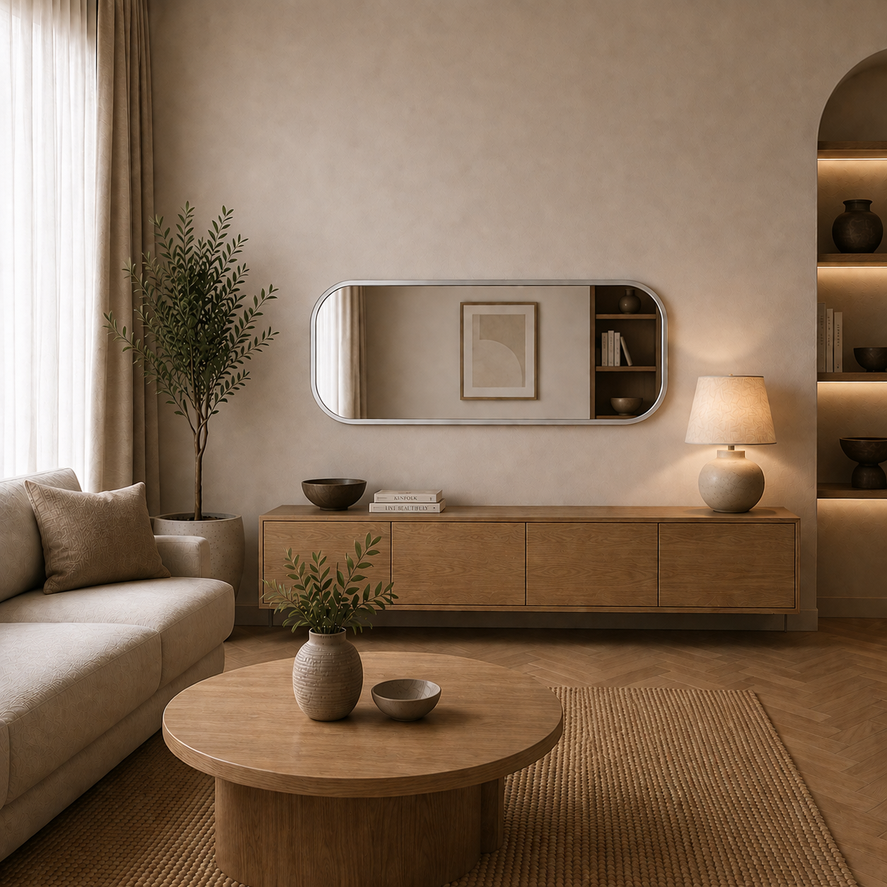 Modern Yuvarlatılmış Köşeli Boy Aynası 40x120 cm – Minimalist İnce Çerçeveli Dekoratif Duvar Aynası