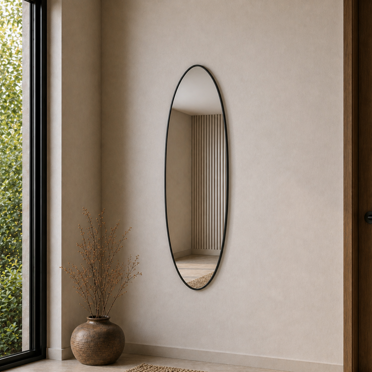 Modern Oval Boy Aynası 40x120 cm – İnce Çerçeveli Minimalist Dekoratif Duvar Aynası 2026 Trend