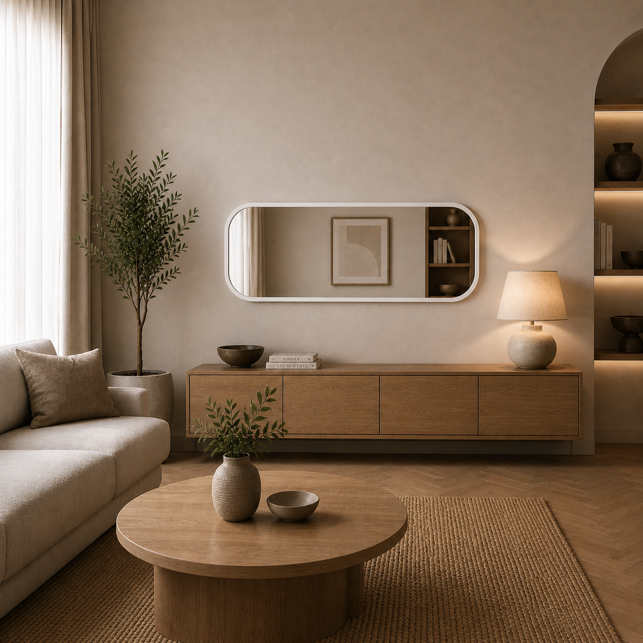 Modern Yuvarlatılmış Köşeli Boy Aynası 40x120 cm – Minimalist İnce Çerçeveli Dekoratif Duvar Aynası