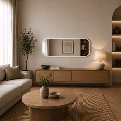 Modern Yuvarlatılmış Köşeli Boy Aynası 40x120 cm – Minimalist İnce Çerçeveli Dekoratif Duvar Aynası