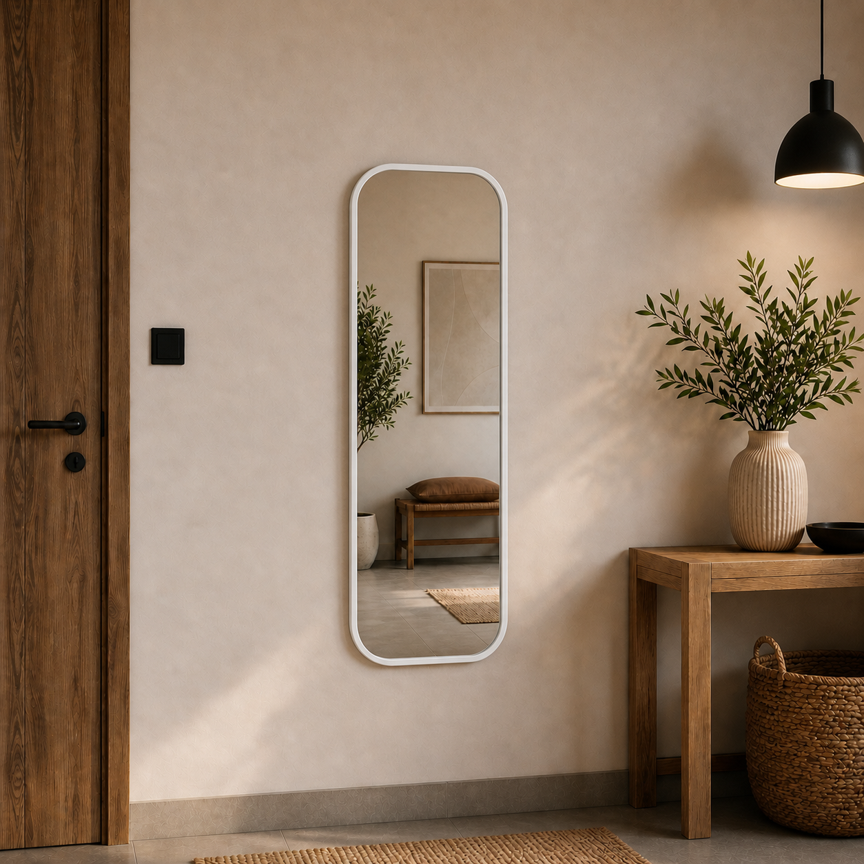 Modern Yuvarlatılmış Köşeli Boy Aynası 40x120 cm – Minimalist İnce Çerçeveli Dekoratif Duvar Aynası
