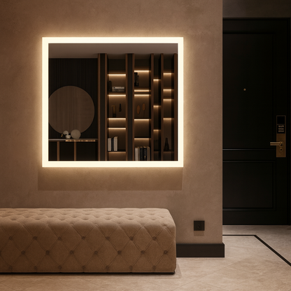 Modern Kare LED Aydınlatmalı Banyo Aynası – Sıcak Işıklı Arka Aydınlatmalı Tasarım