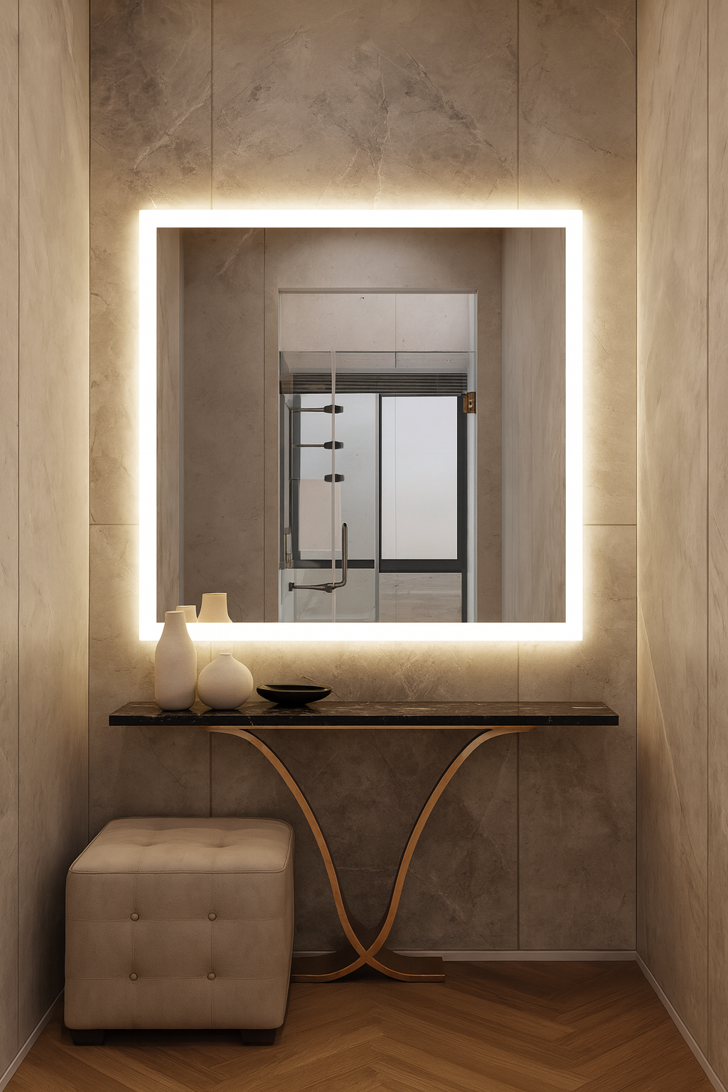 Modern Kare LED Aydınlatmalı Banyo Aynası – Sıcak Işıklı Arka Aydınlatmalı Tasarım