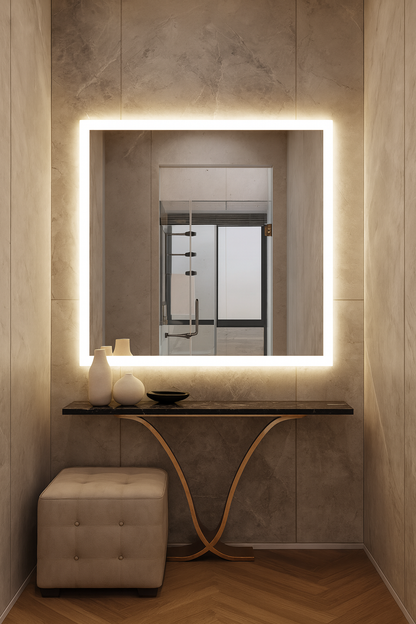 Modern Kare LED Aydınlatmalı Banyo Aynası – Sıcak Işıklı Arka Aydınlatmalı Tasarım
