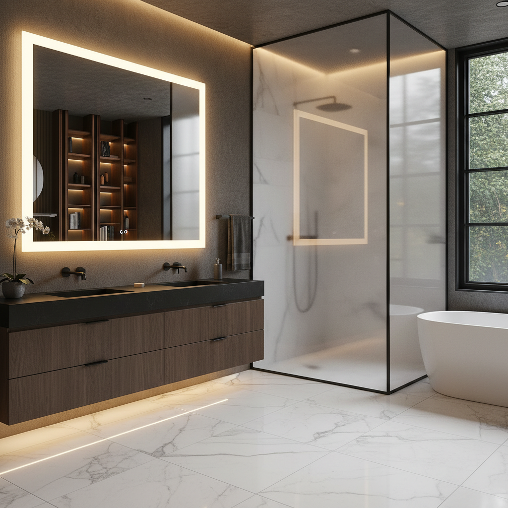 Modern Kare LED Aydınlatmalı Banyo Aynası – Sıcak Işıklı Arka Aydınlatmalı Tasarım