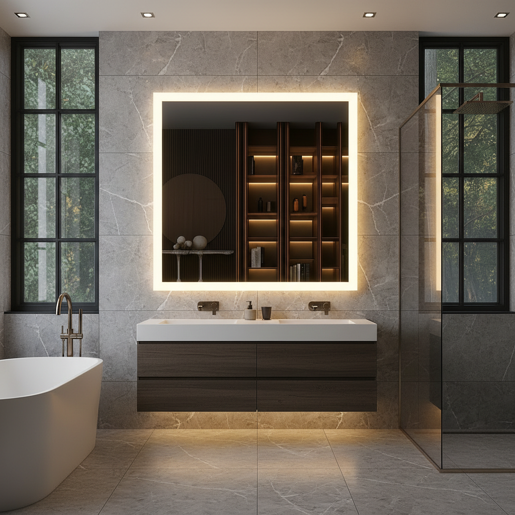 Modern Kare LED Aydınlatmalı Banyo Aynası – Sıcak Işıklı Arka Aydınlatmalı Tasarım