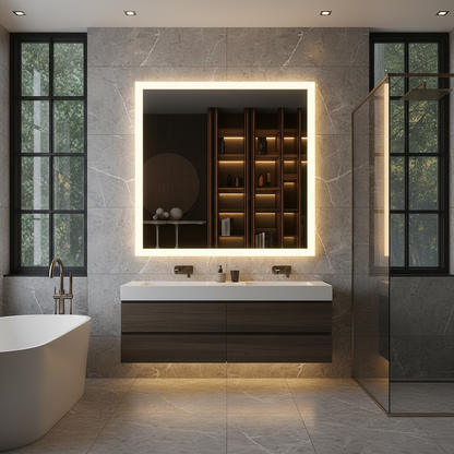 Modern Kare LED Aydınlatmalı Banyo Aynası – Sıcak Işıklı Arka Aydınlatmalı Tasarım