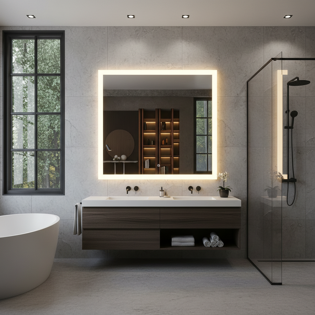 Modern Kare LED Aydınlatmalı Banyo Aynası – Sıcak Işıklı Arka Aydınlatmalı Tasarım