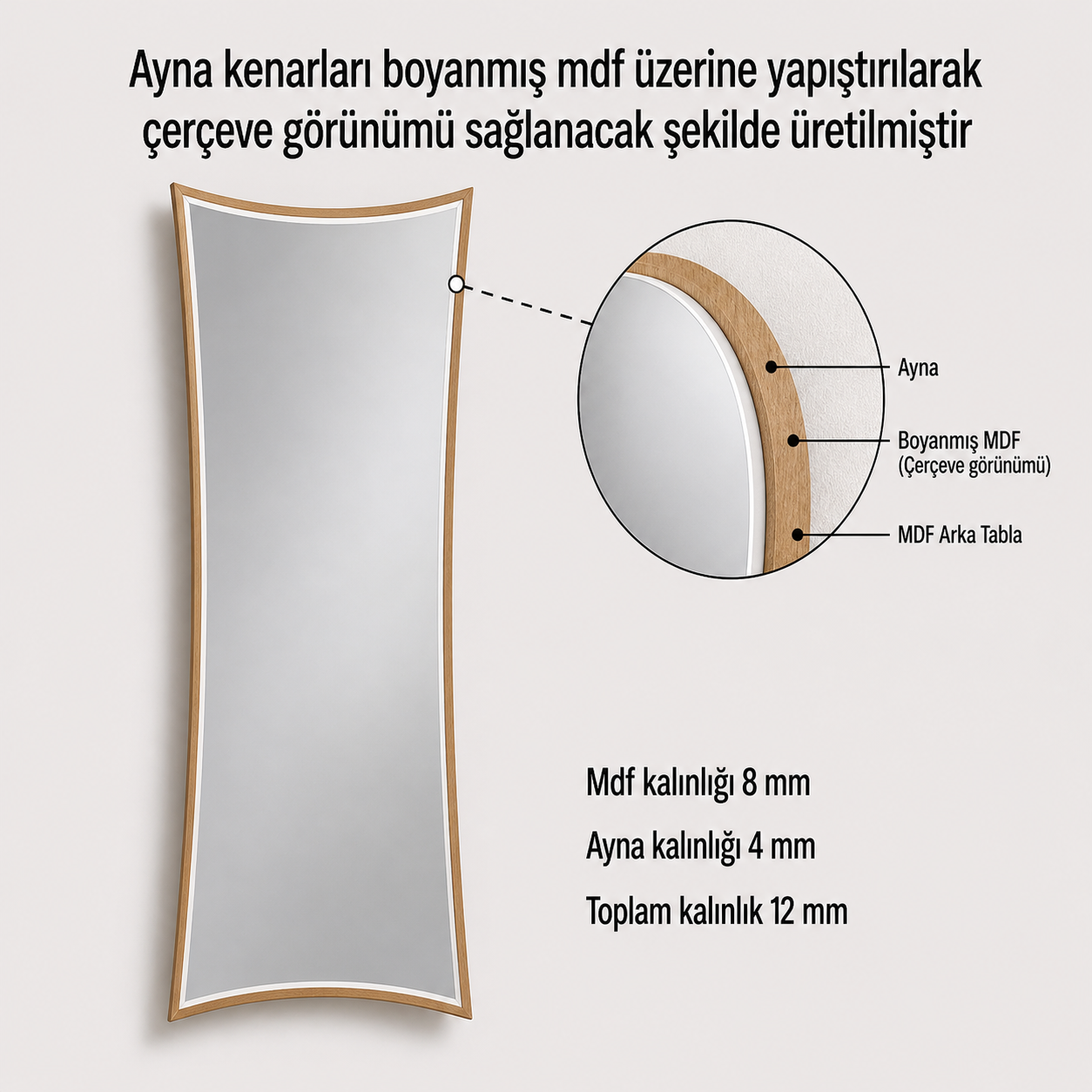 Modern Kavisli Boy Aynası 40x120 cm – Dalgalı Formlu Minimalist Dekoratif Duvar Aynası