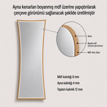 Modern Çerçeveli Boy Aynası 40x120 cm – Kavisli Minimalist Dekoratif Duvar Aynası