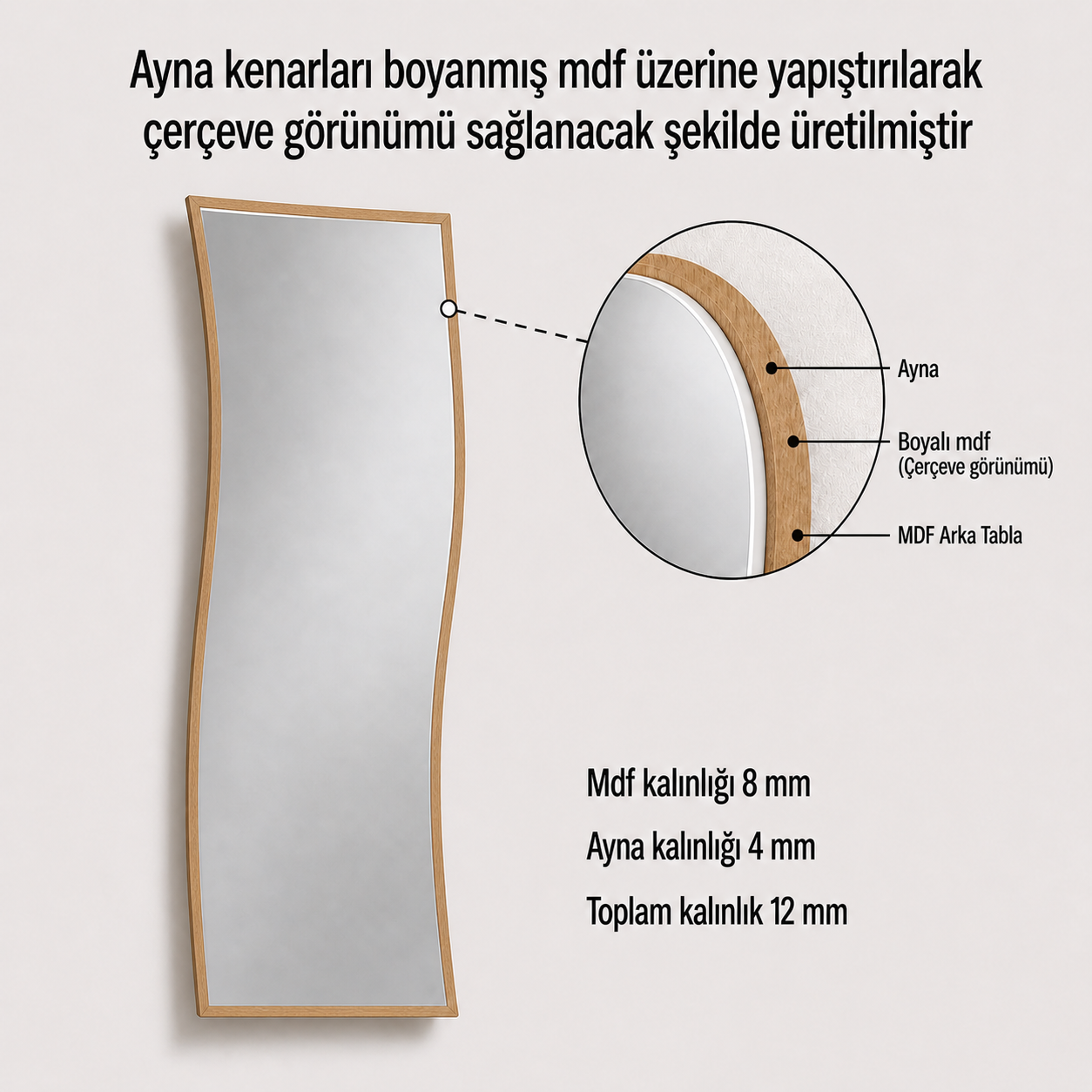 Modern Dalgalı Boy Aynası 40x120 cm – Organik Formlu Minimalist Dekoratif Duvar Aynası 2026 Trend