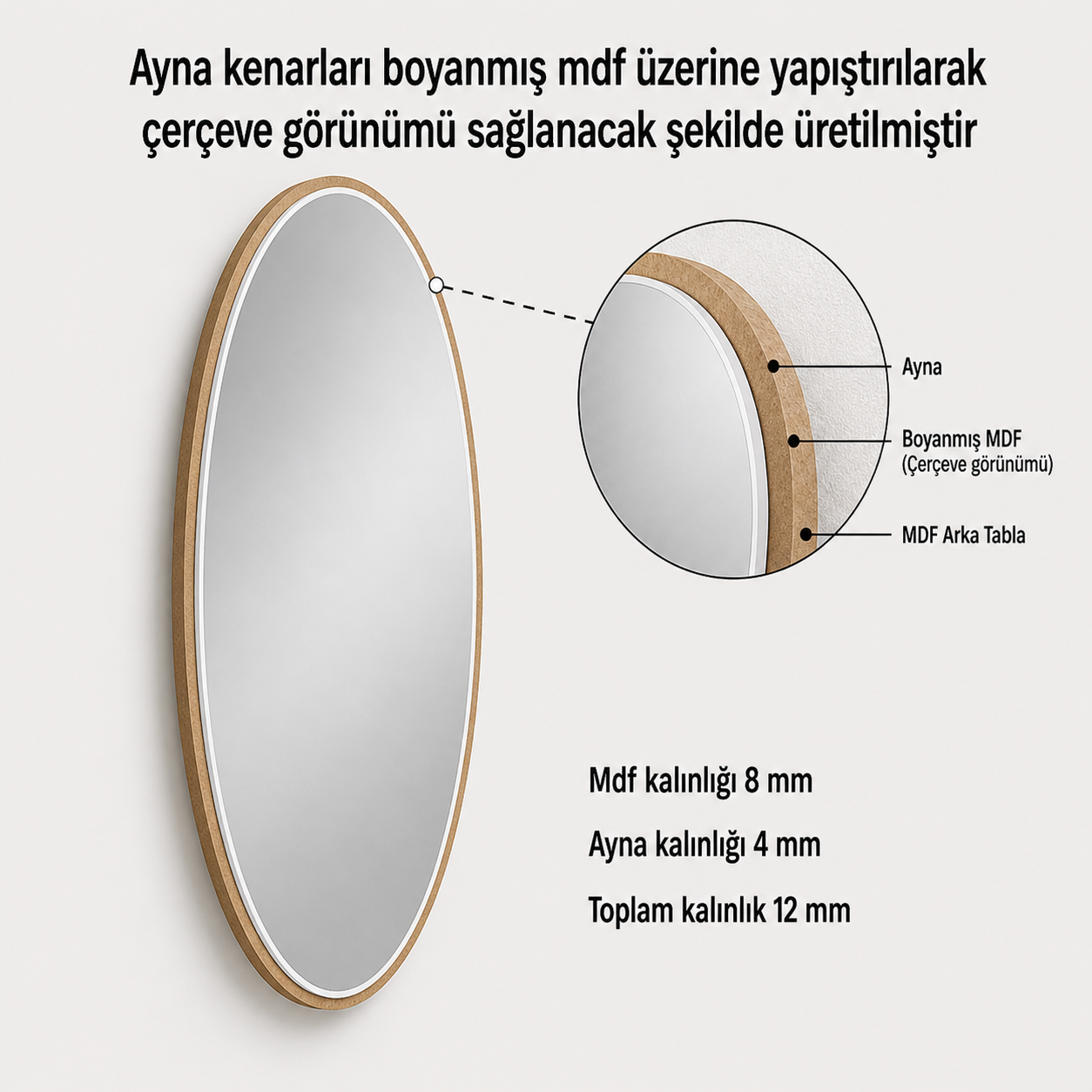 Modern Oval Boy Aynası 40x120 cm – İnce Çerçeveli Minimalist Dekoratif Duvar Aynası 2026 Trend