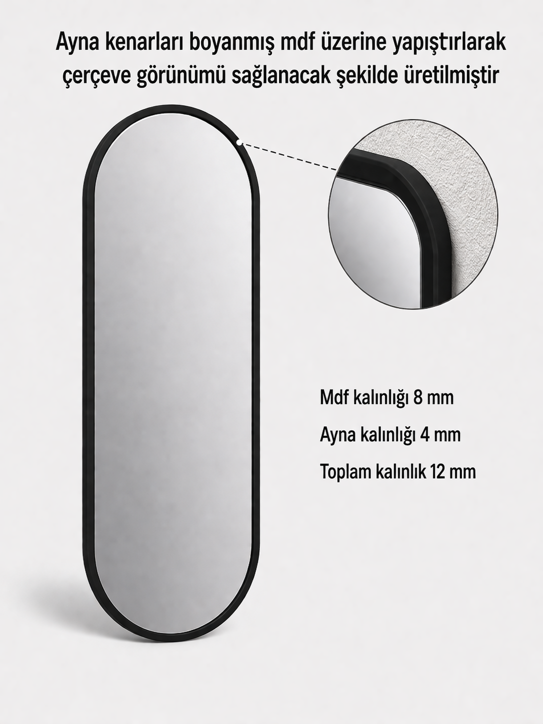 Modern Oval Boy Aynası 40x120 cm – Minimalist Çerçeveli Dekoratif Duvar Aynası 2026 Trend