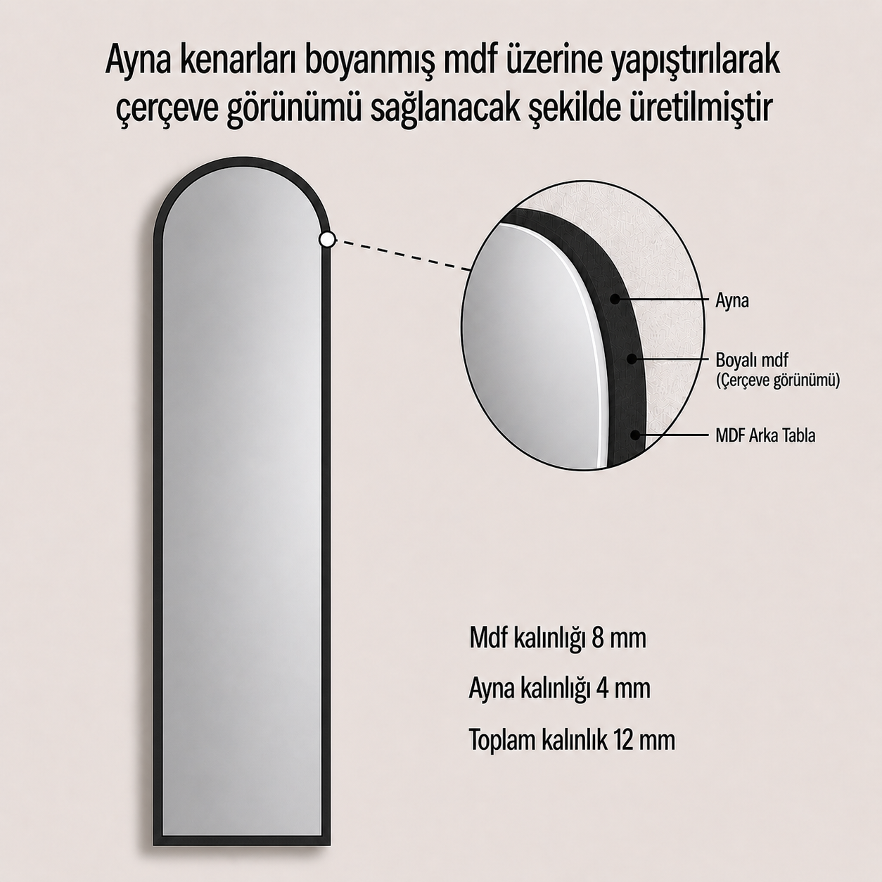 Modern Kemer Form Boy Aynası 40x120 cm – Minimalist İnce Çerçeveli Dekoratif Duvar Aynası 2026 Trend