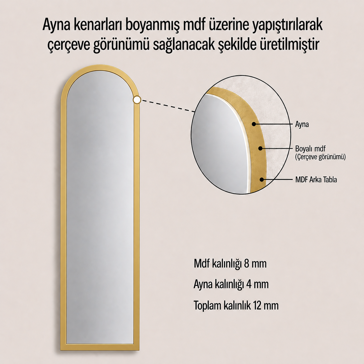 Modern Kemer Form Boy Aynası 40x120 cm – Minimalist İnce Çerçeveli Dekoratif Duvar Aynası 2026 Trend