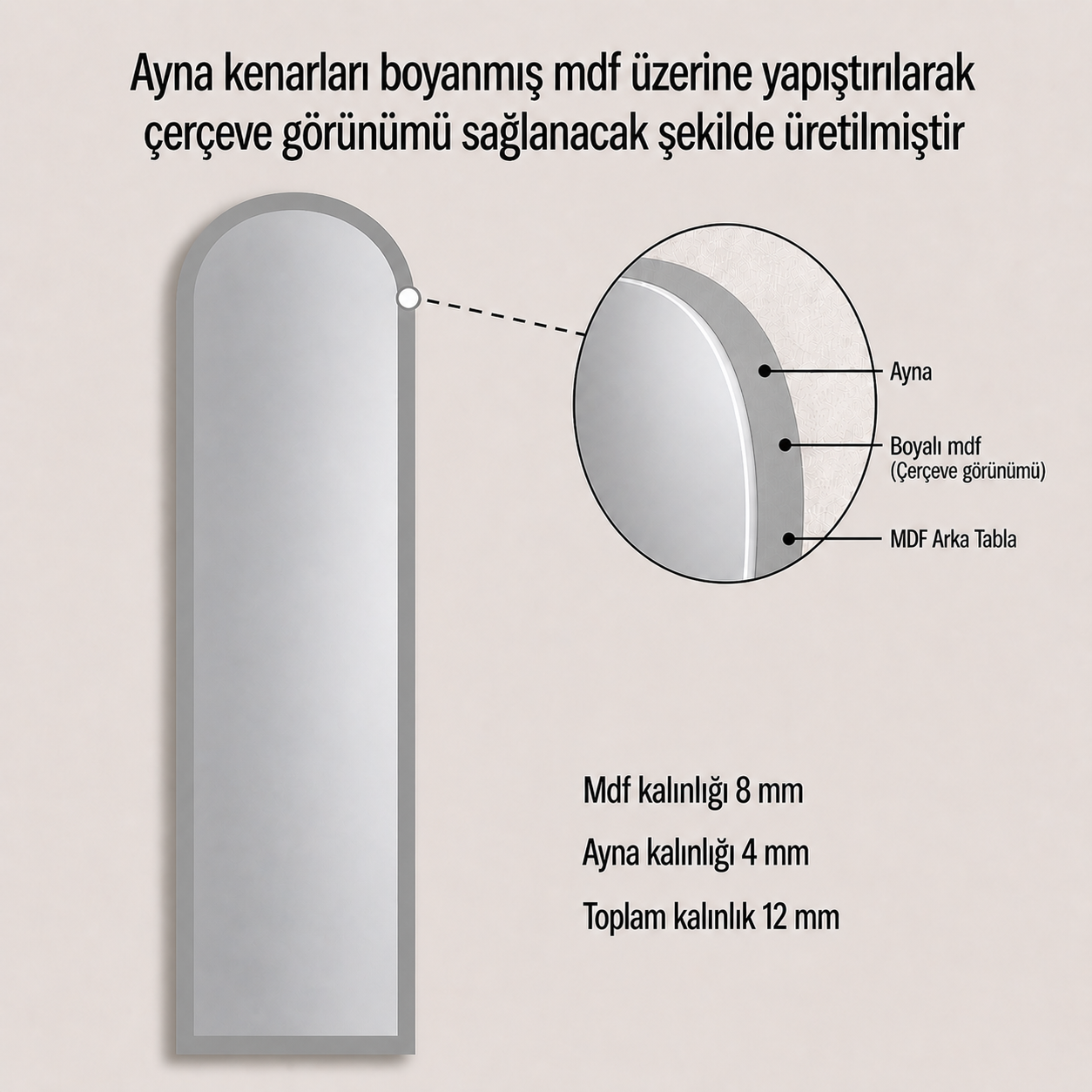 Modern Kemer Form Boy Aynası 40x120 cm – Minimalist İnce Çerçeveli Dekoratif Duvar Aynası 2026 Trend
