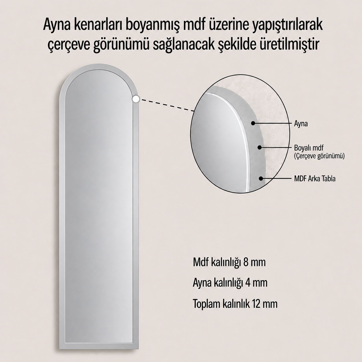 Modern Kemer Form Boy Aynası 40x120 cm – Minimalist İnce Çerçeveli Dekoratif Duvar Aynası 2026 Trend